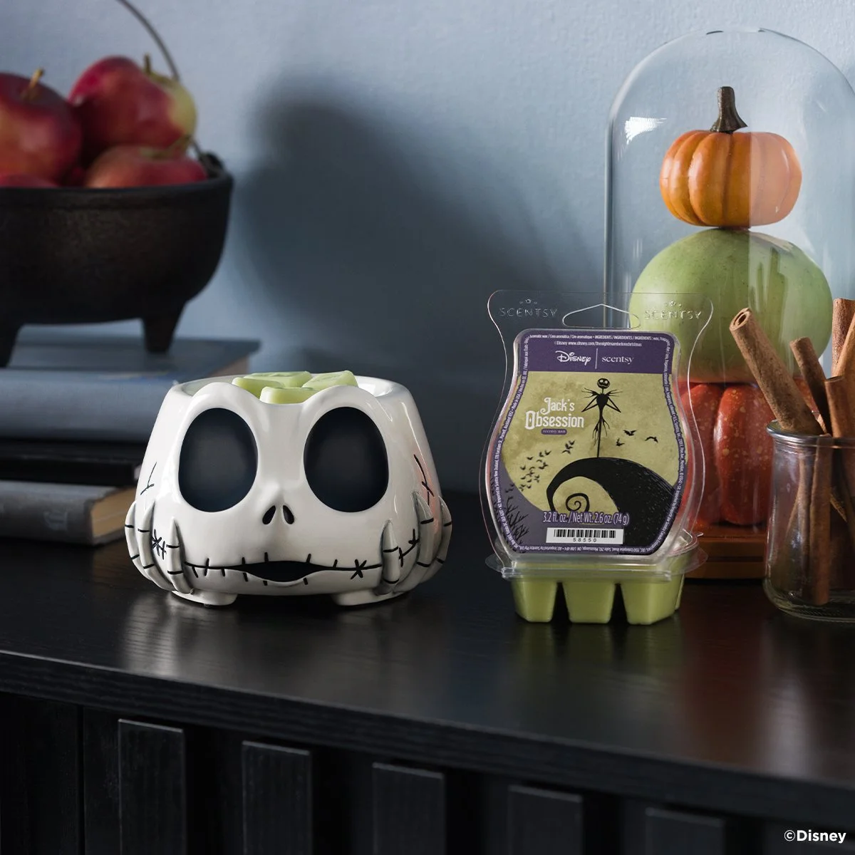 Disney Jack Skellington Warm Fuzzies Scentsy Warmer displayed beside The Nightmare Before Christmas Jack's Obsession Scentsy Bar as part of the Scentsy Harvest Collection 2026