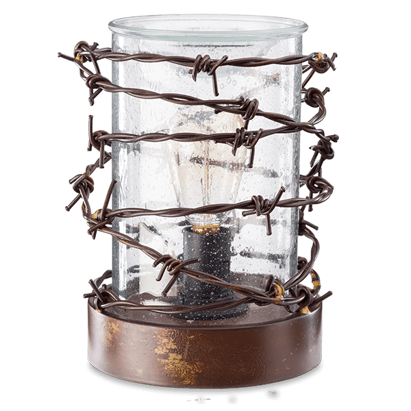 Rustic Ranch Scentsy Warmer with barbed wire and hurricane lamp design on a white background