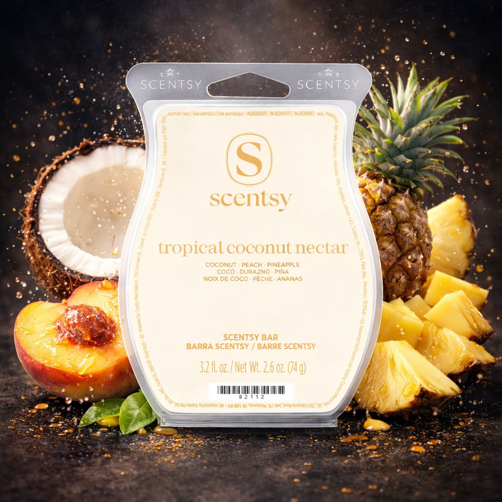Tropical Coconut Nectar Scentsy Wax Bar styled with creamy coconut, fresh peach slices and bright pineapple pieces with glowing droplets and warm lighting.