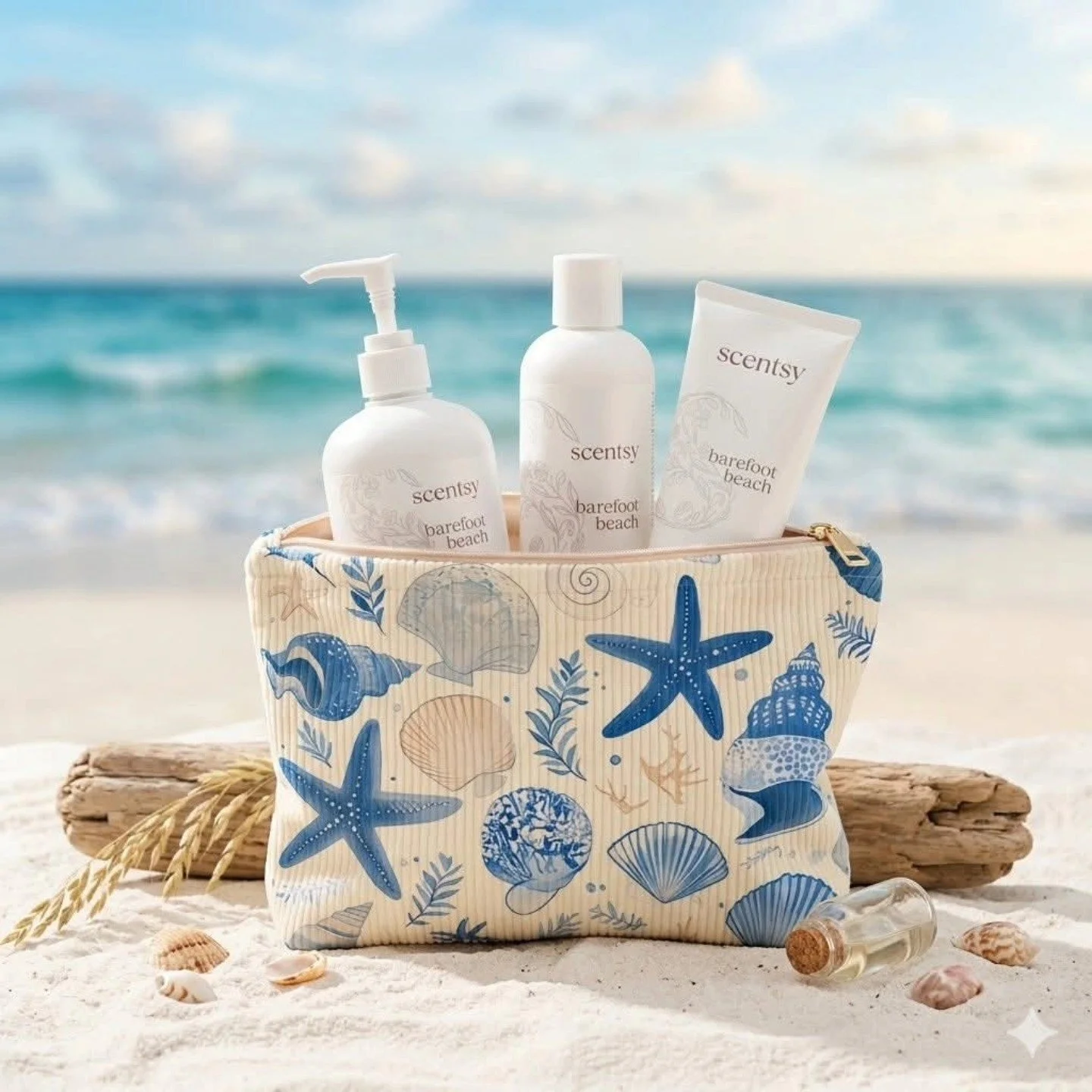 Scentsy Barefoot Beach body care collection on sandy beach with ocean background