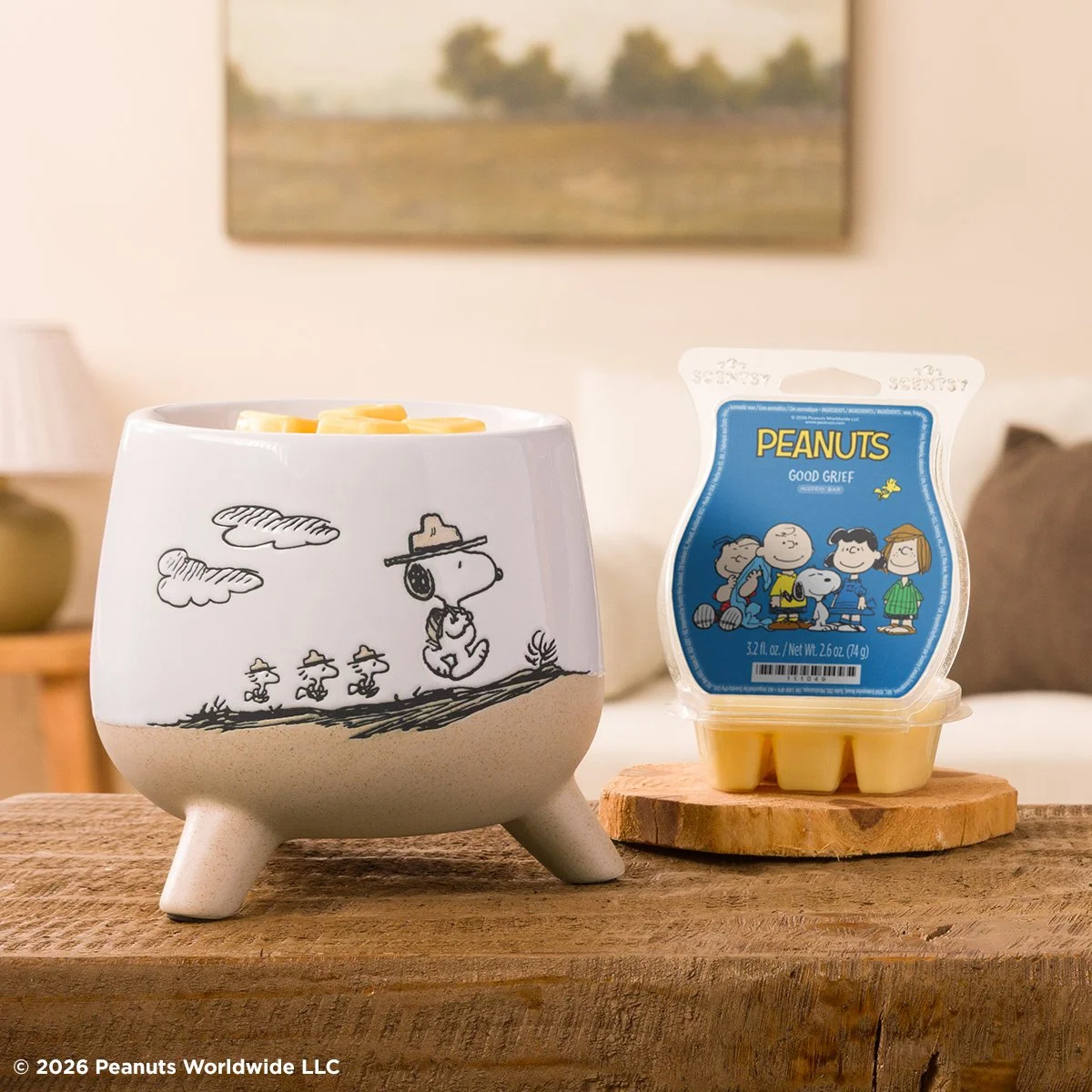Snoopy Beagle Scouts Scentsy Warmer displayed beside the Peanuts Good Grief Scentsy Bar