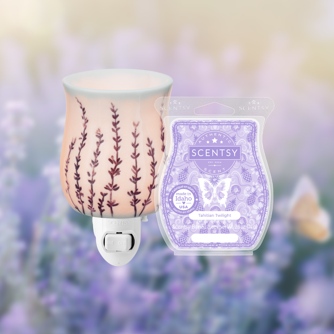 Lavender Love Scentsy Mother’s Day bundle with a lavender-inspired mini warmer and Tahitian Twilight wax bar.