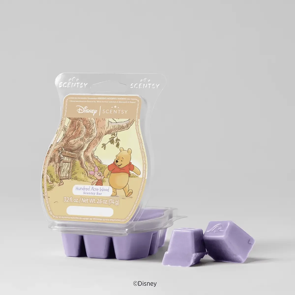 Disney Hundred Acre Wood Scentsy Bar featuring Winnie the Pooh and Piglet on the packaging, with soft lavender wax cubes scented with cotton blossoms, wild jasmine and vanilla