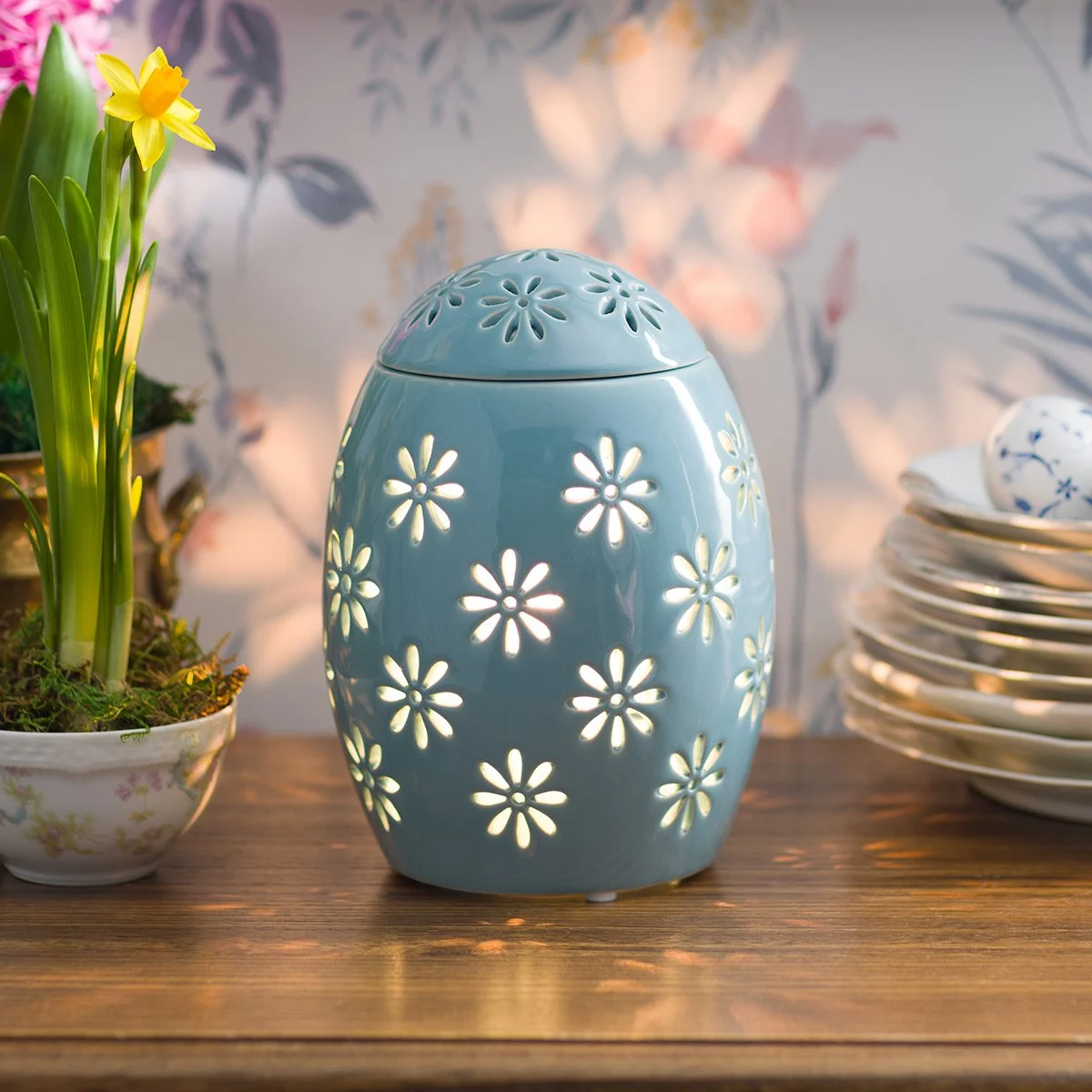 Easter Garden – Blue Scentsy Warmer styled on a table with soft spring-inspired décor.