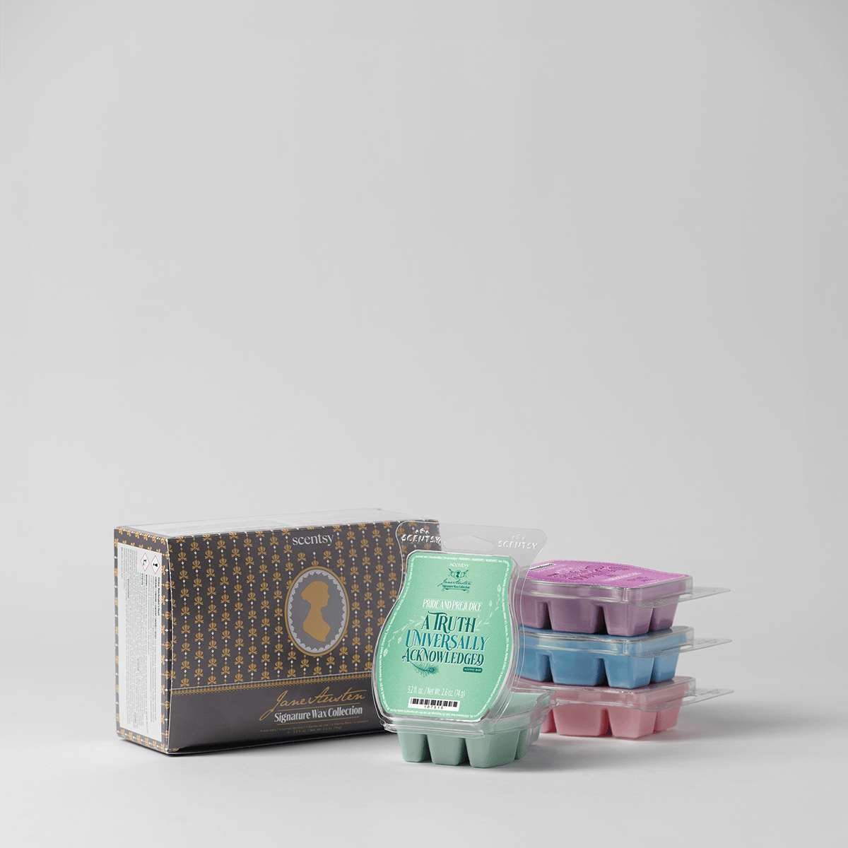 Jane Austen Scentsy Wax Collection box with four stacked wax bars displayed on a neutral background
