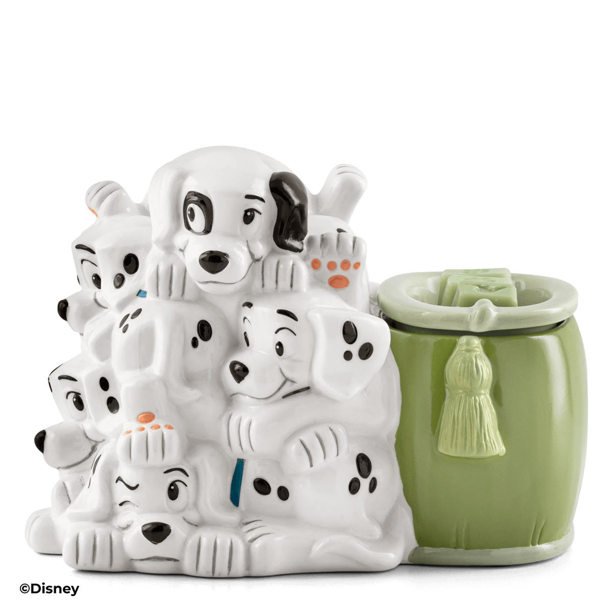 Close-up view of the Pile O’ Puppies Scentsy Warmer highlighting the playful dalmatian puppy design and green ottoman base.