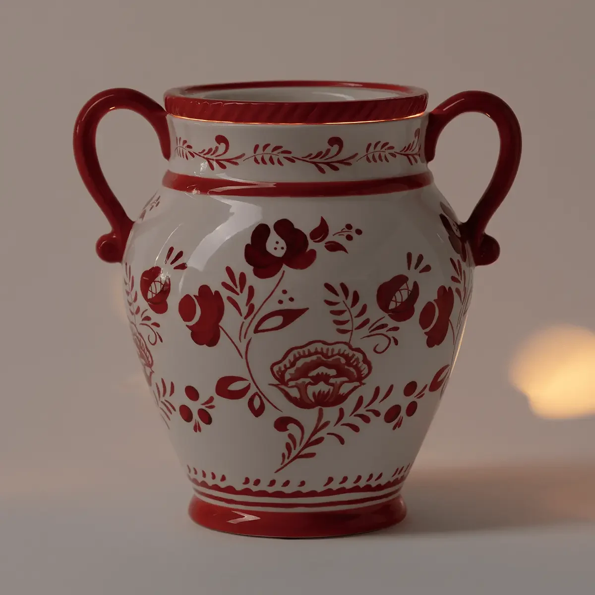 La Vita Rosa Scentsy Warmer glowing in a dimly lit room, highlighting the elegant red floral pattern and vintage Italian pottery design