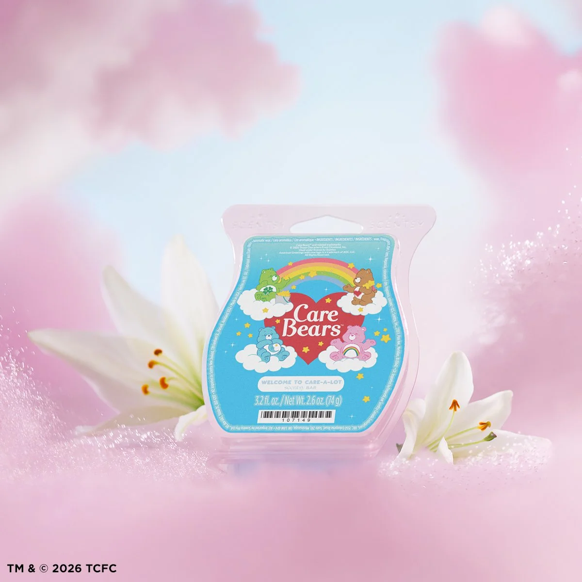 Care Bears Welcome to Care-A-Lot Scentsy Wax Bar displayed with white flowers in a soft pink cloud background