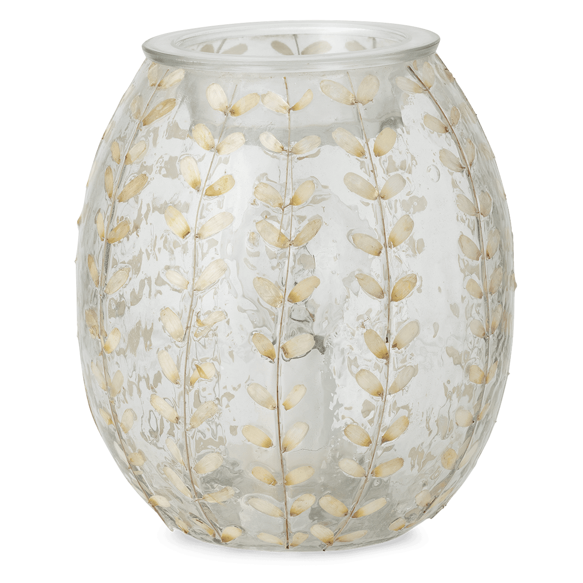 White Marigold Scentsy Warmer unlit showing real marigold petals embedded in clear glass with botanical detailing