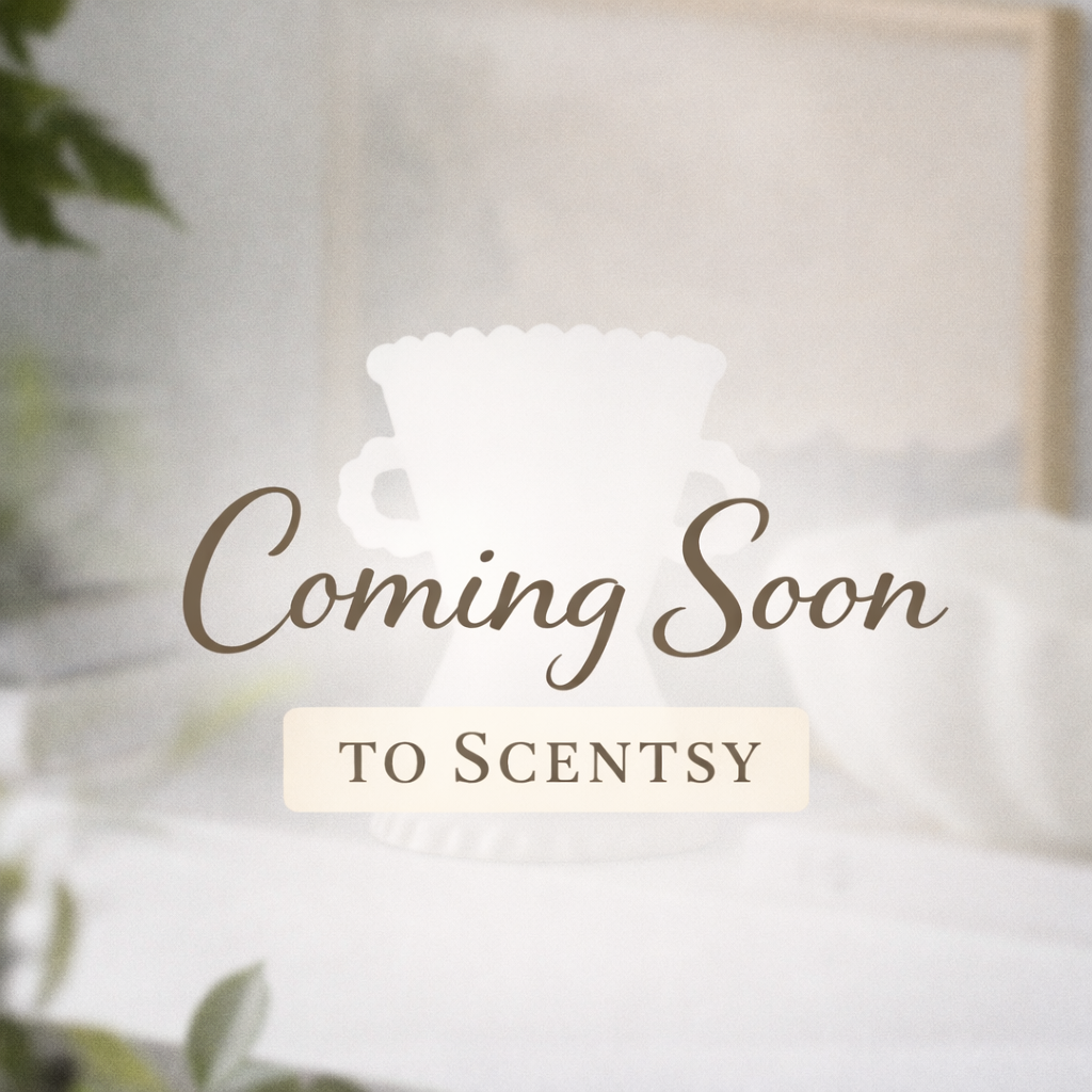 Coming Soon to Scentsy 2026 announcement featuring a soft silhouette of a new warmer against a neutral boutique background.