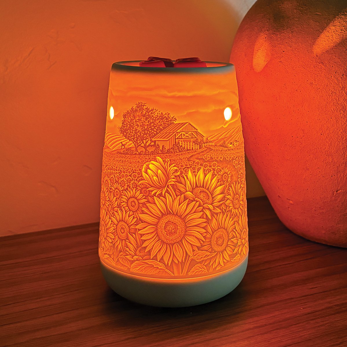 Sunflower Fields Scentsy Warmer glowing warmly