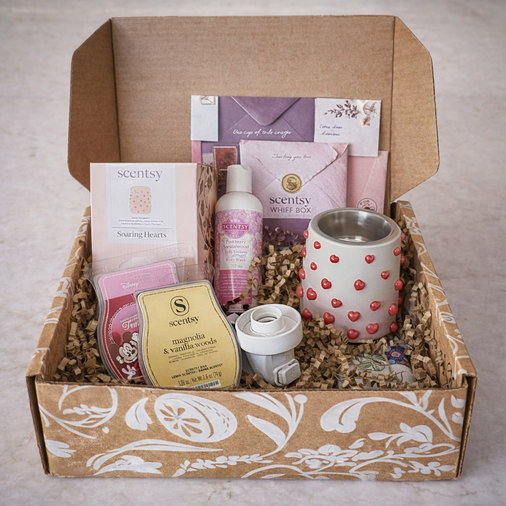 An open Scentsy Whiff Box displayed in a 1:1 format, featuring Valentine-inspired Scentsy products arranged inside a patterned kraft box. The contents include the Soaring Hearts Mini Warmer, Magnolia & Vanilla Woods Scentsy Bar, a licensed Disney wax