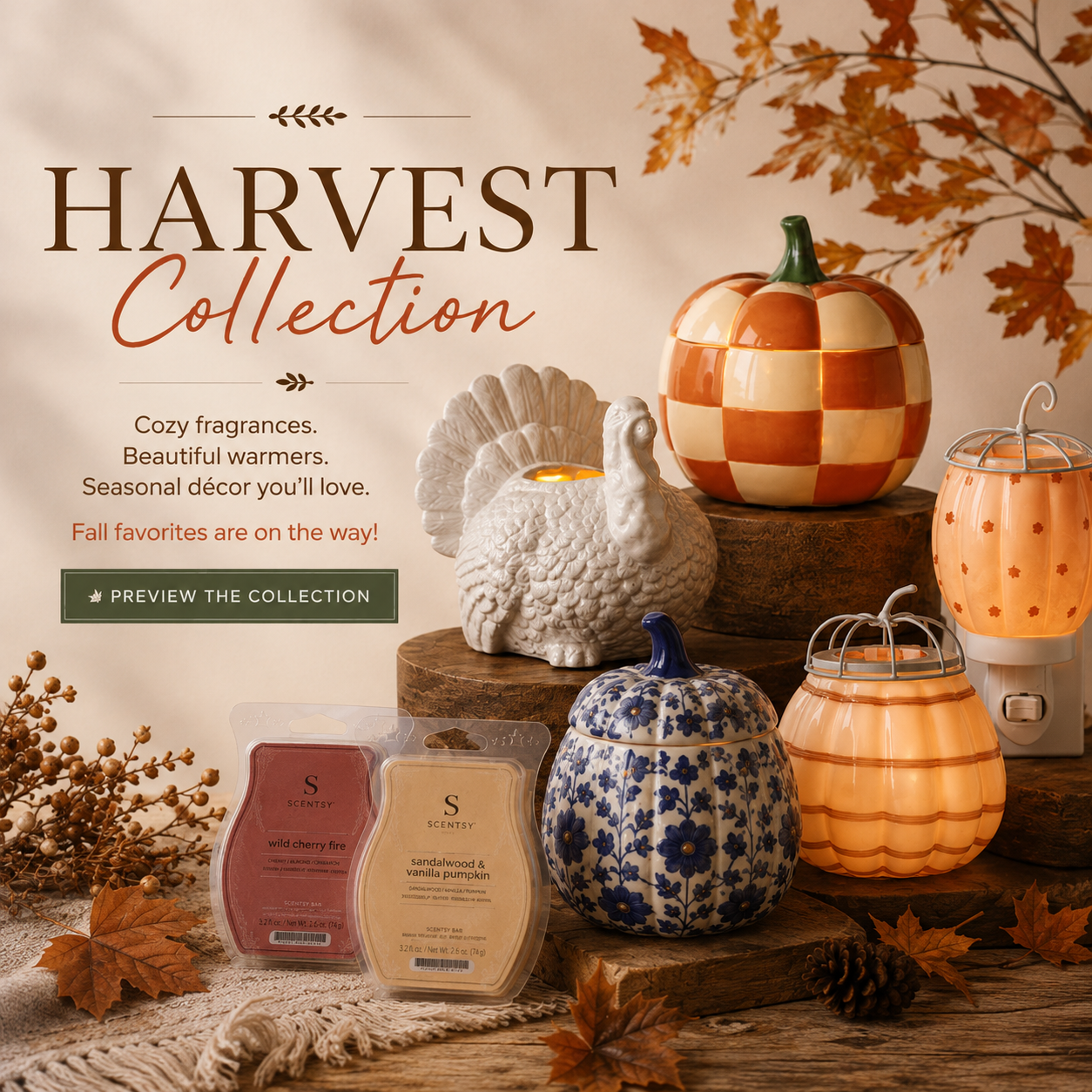 Scentsy Harvest Collection featuring fall warmers, pumpkin décor and Scentsy Wax Bars in a cozy autumn setting