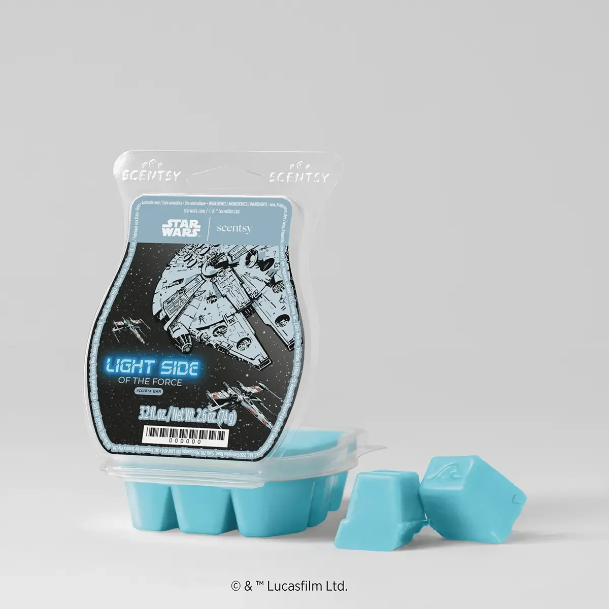 Light Side of the Force Star Wars Scentsy wax bar with blue wax cubes featuring Millennium Falcon artwork