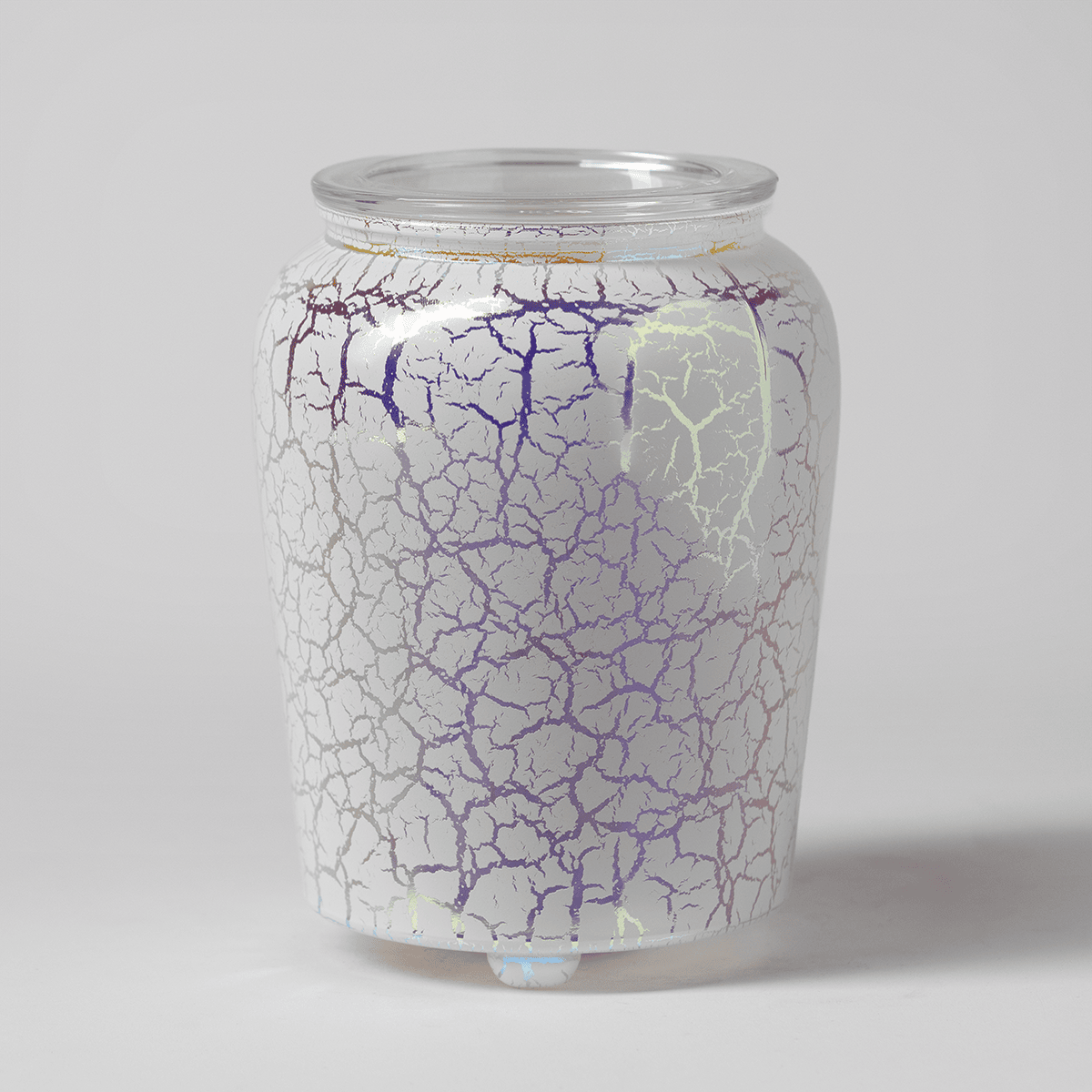 A close-up angle of the Iridescent Rainbow Warmer unlit, highlighting the textured crackle-glass design and iridescent detailing