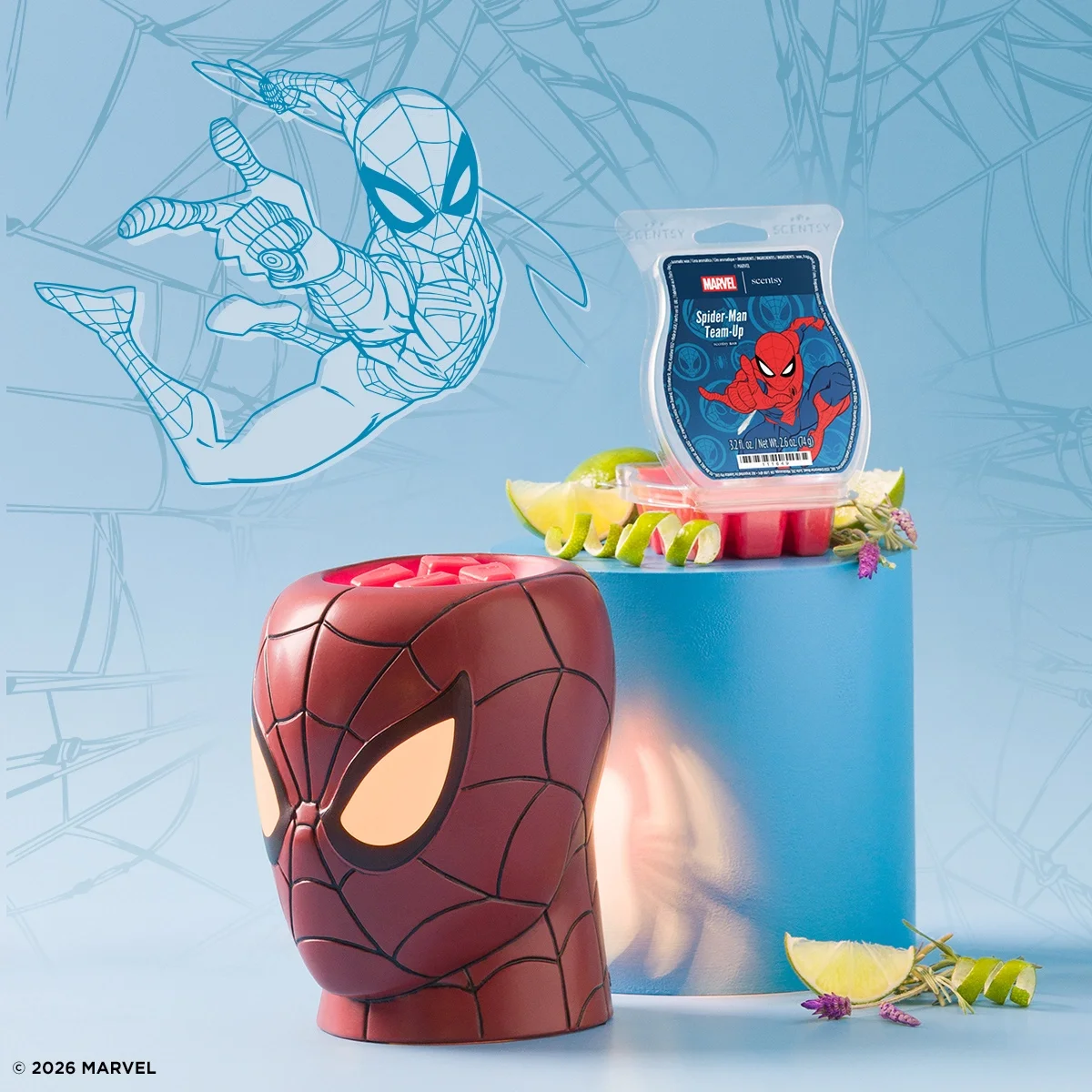 Amazing Spider-Man Scentsy Warmer glowing beside the Spider-Man Team-Up Scentsy Bar