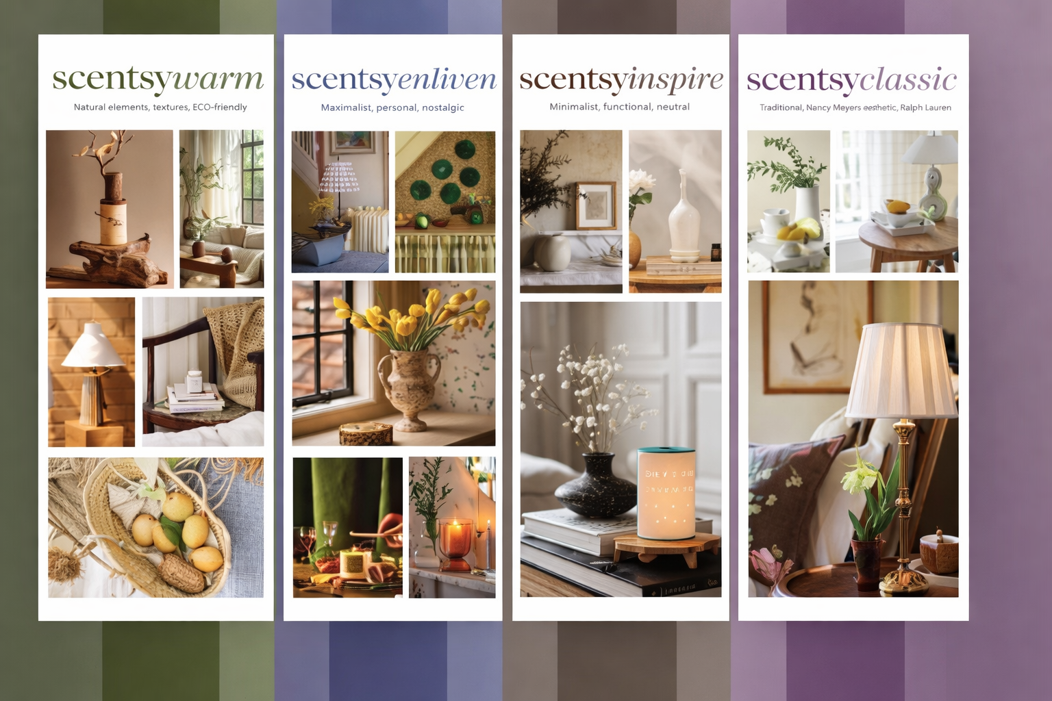 Collage showing four Scentsy home décor styles — Warm, Enliven, Inspire and Classic — each displayed with styled warmers and décor scenes representing natural, vibrant, minimalist and timeless design aesthetics