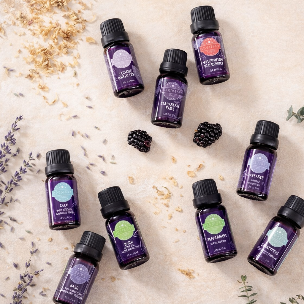 A boutique-style flat lay of Scentsy Essential & Natural Oils arranged on a soft neutral background, featuring a curated selection of water-based oils designed for use in Scentsy diffusers.