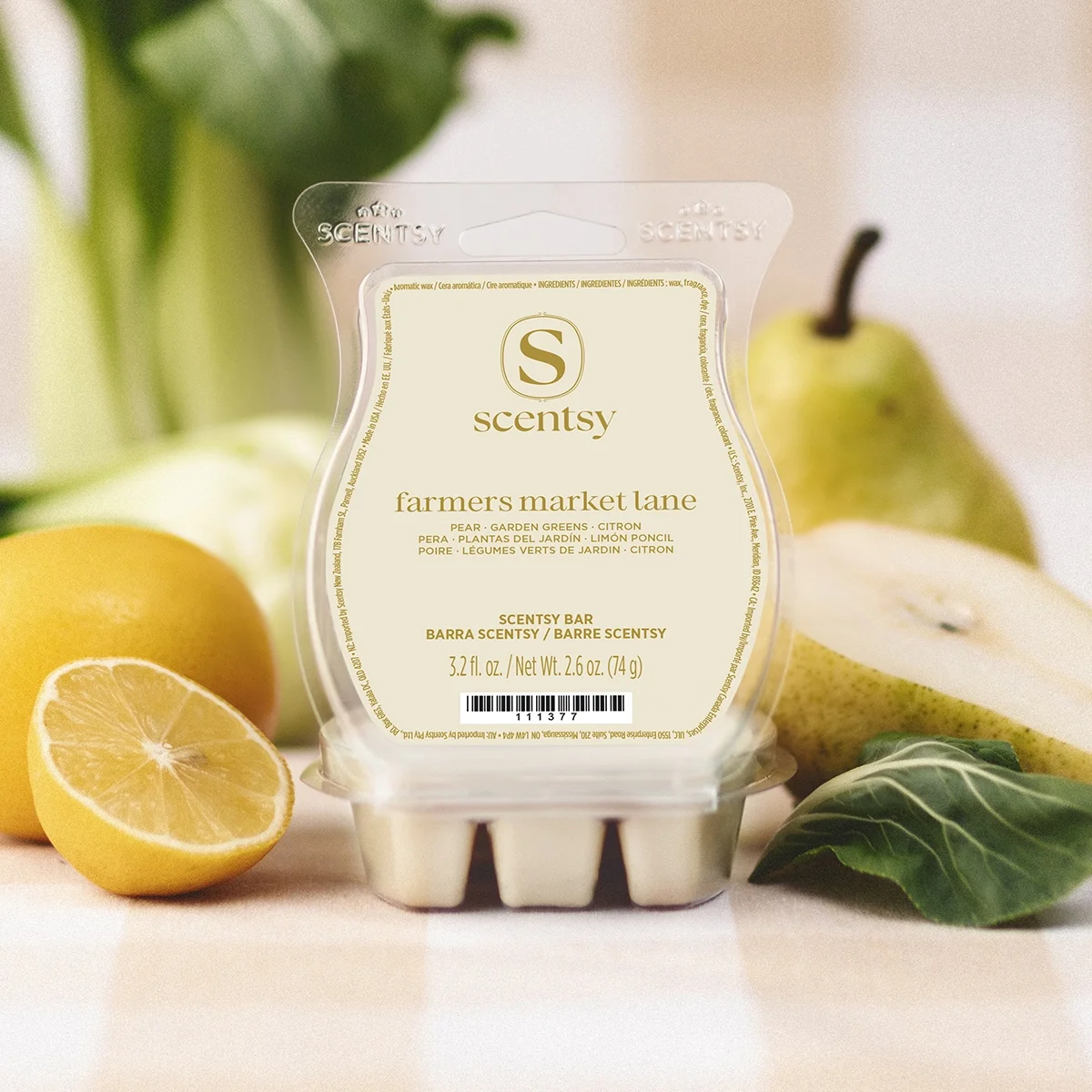 Farmers Market Lane Scentsy Wax Bar styled with pears, lemon and fresh greens on kitchen surface
