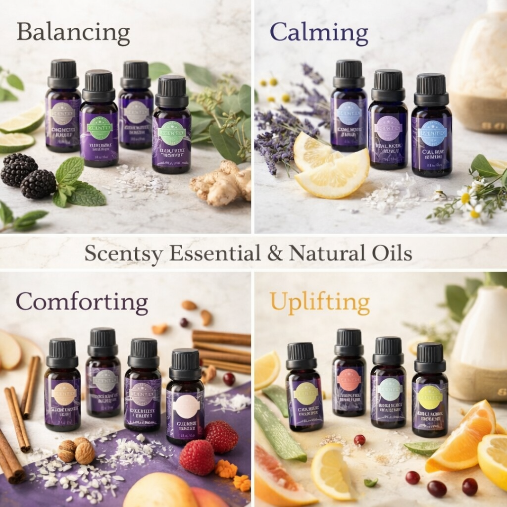 Styled Scentsy Essential & Natural Oils arranged by mood, featuring calming, balancing, comforting and uplifting fragrance blends designed for use in water-based diffusers.