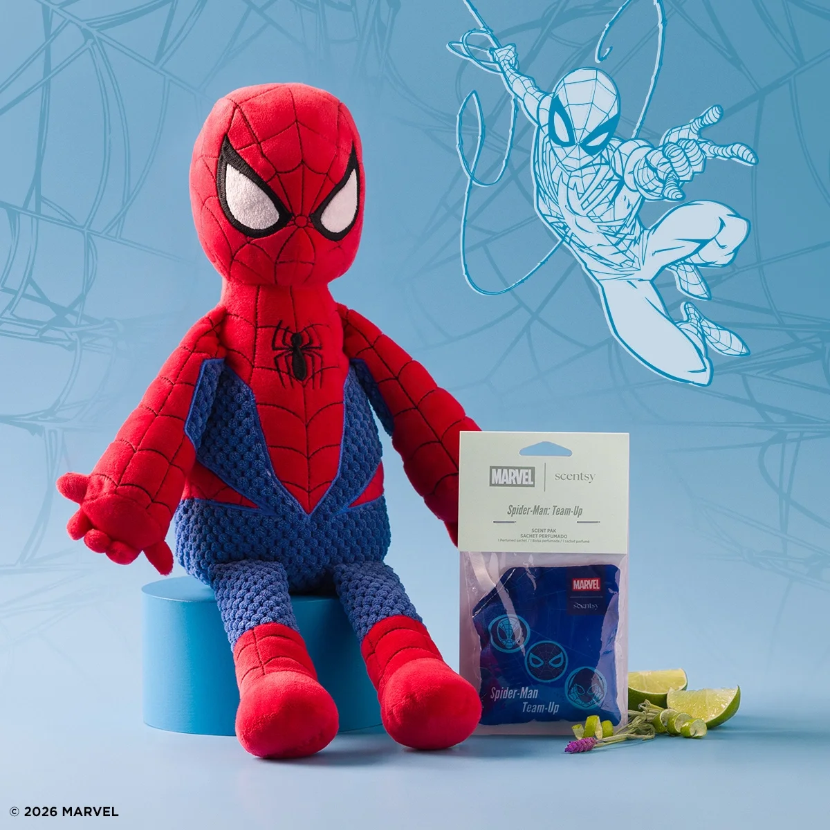 Spider-Man Scentsy Buddy displayed with packaged Spider-Man Team-Up Scent Pak