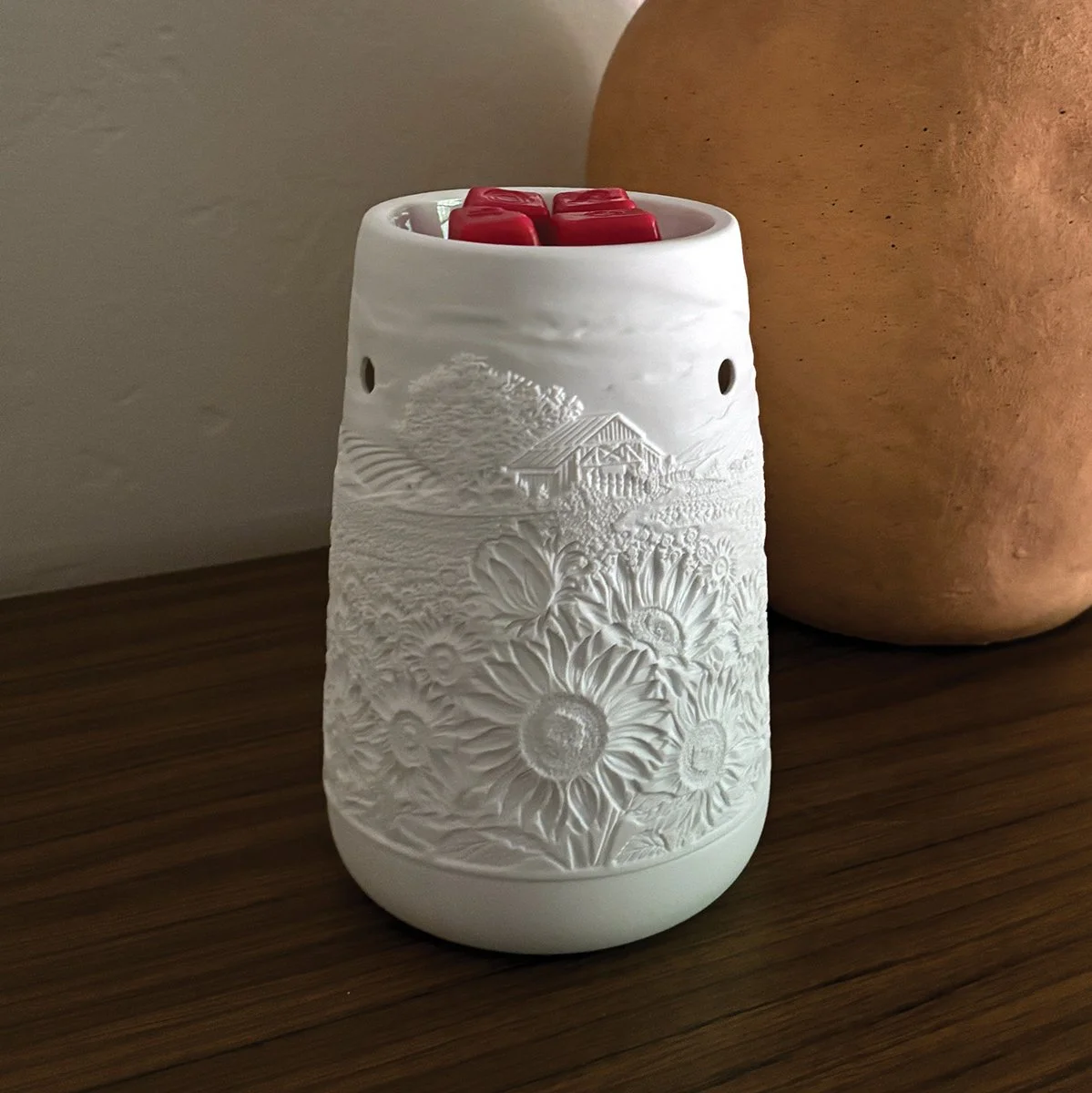 Sunflower Fields Scentsy Warmer glowing taken as a real life photo