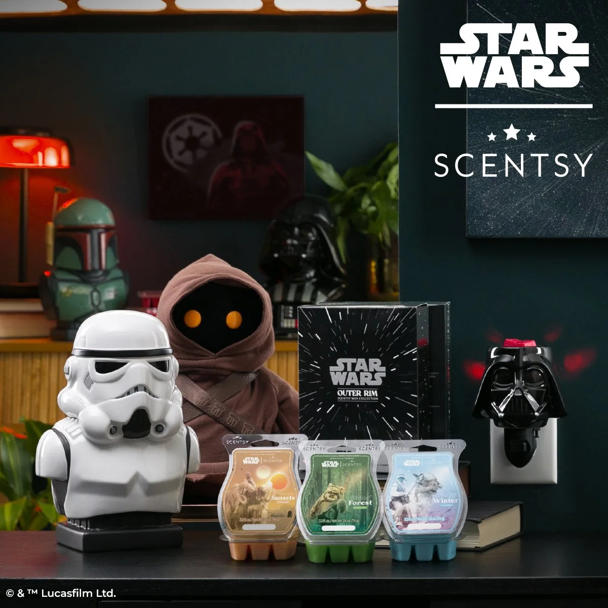Star Wars Scentsy collection featuring Stormtrooper warmer, Darth Vader mini warmer, Jawa Buddy and multiple themed wax bars