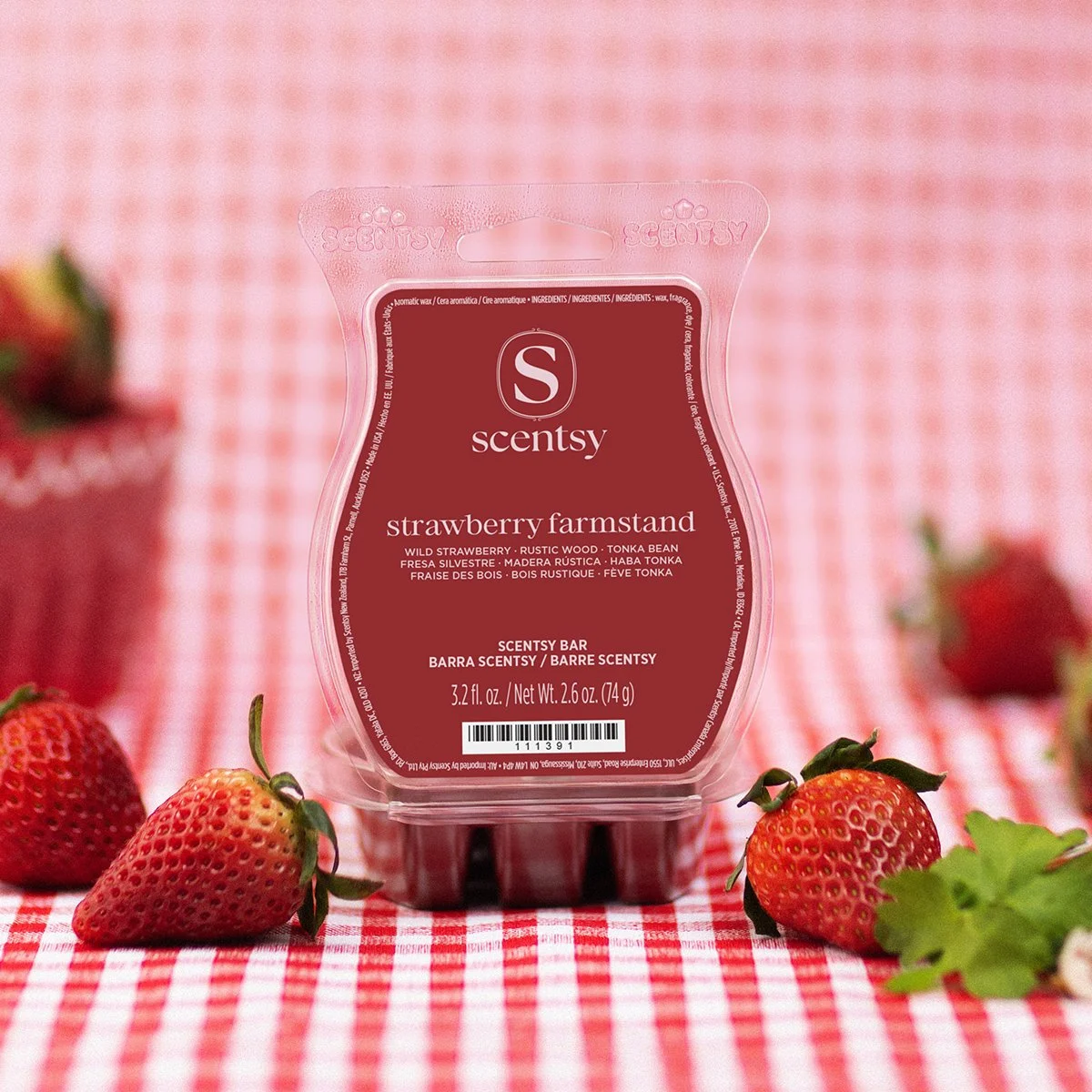 Strawberry Farmstand Scentsy Bar displayed with fresh strawberries on a red gingham background, inspired by a classic farmers market setting.