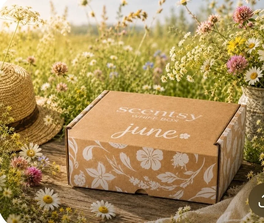 The June 2026 Scentsy Whiff Box sits on a rustic wooden table in a sunlit meadow filled with wildflowers. The limited-edition floral box features a botanical design inspired by summer blooms and the month's “In the Meadow” theme.