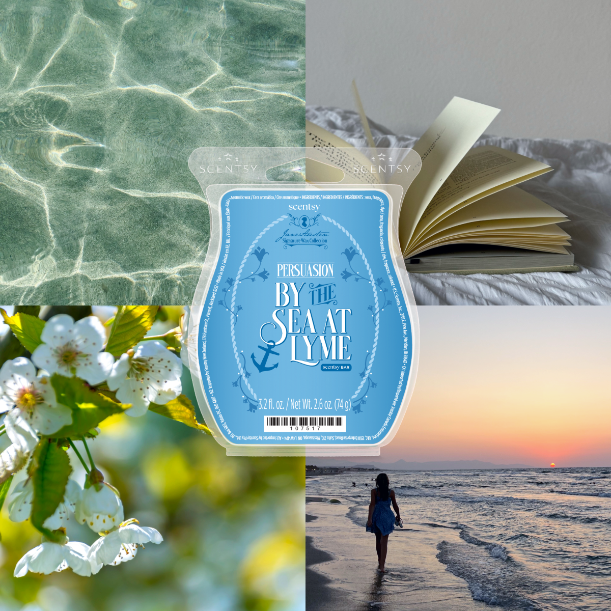 Persuasion Scentsy wax bar styled with ocean water, beach sunset and open book imagery