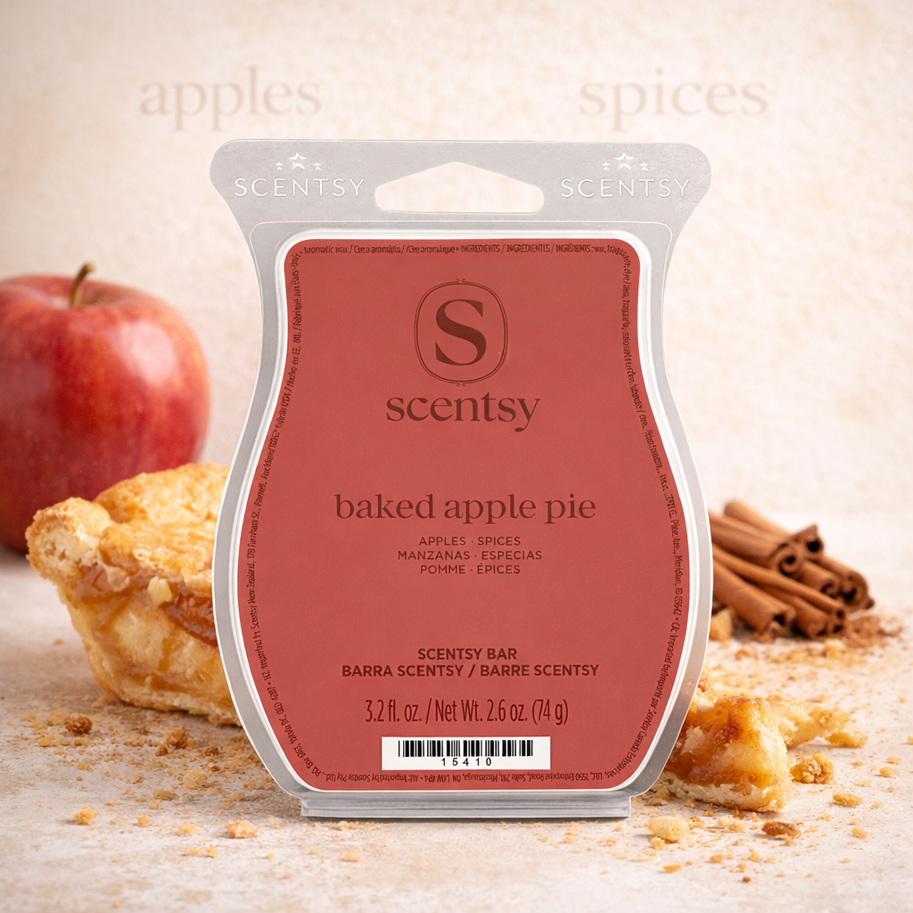 Baked Apple Pie Scentsy wax bar styled in a boutique square image with apple pie slices, cinnamon sticks and soft baking crumbs on a light neutral background.