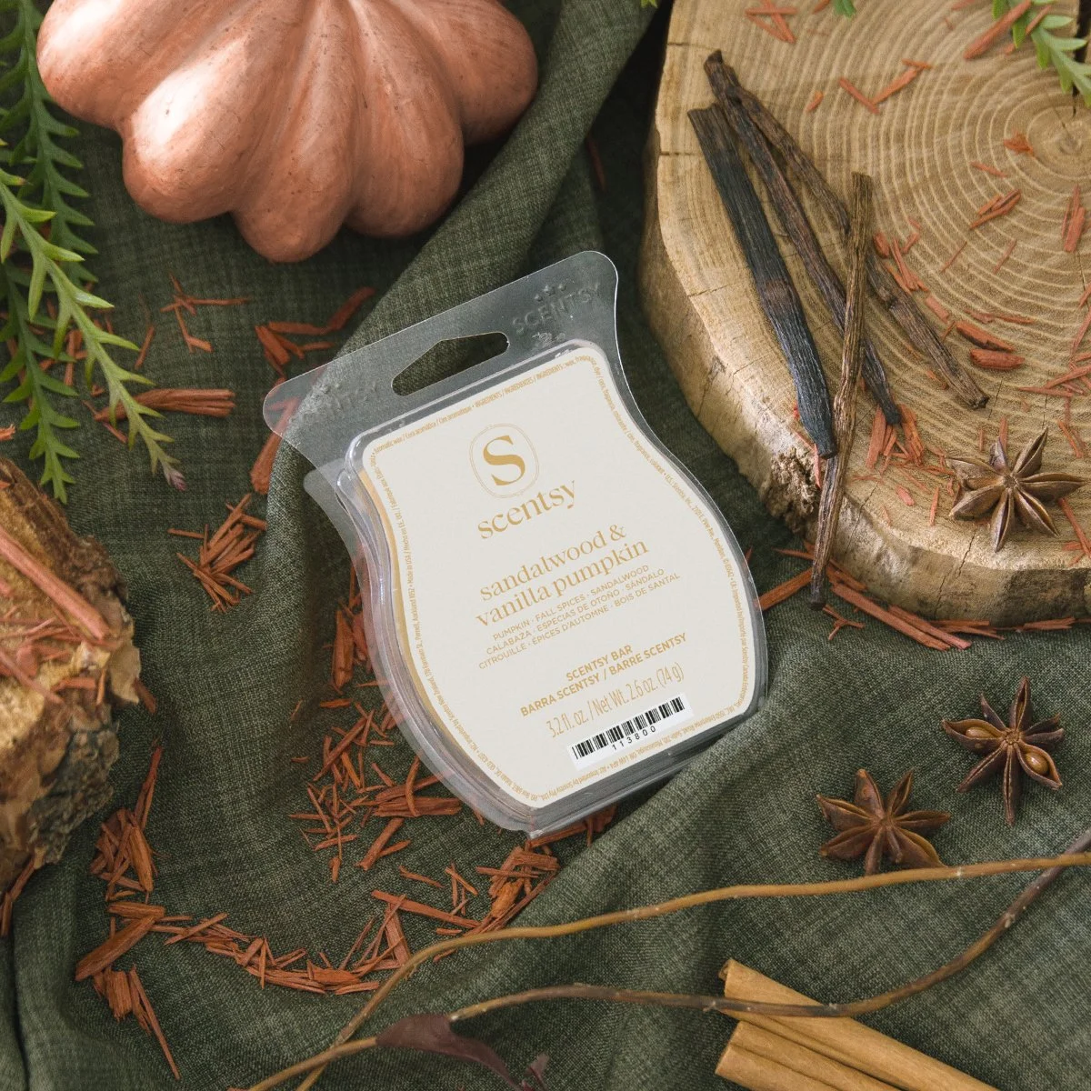 Scentsy Sandalwood & Vanilla Pumpkin Wax Bar from the Harvest Collection 2026 featuring pumpkin spice, sandalwood shavings and soft cashmere