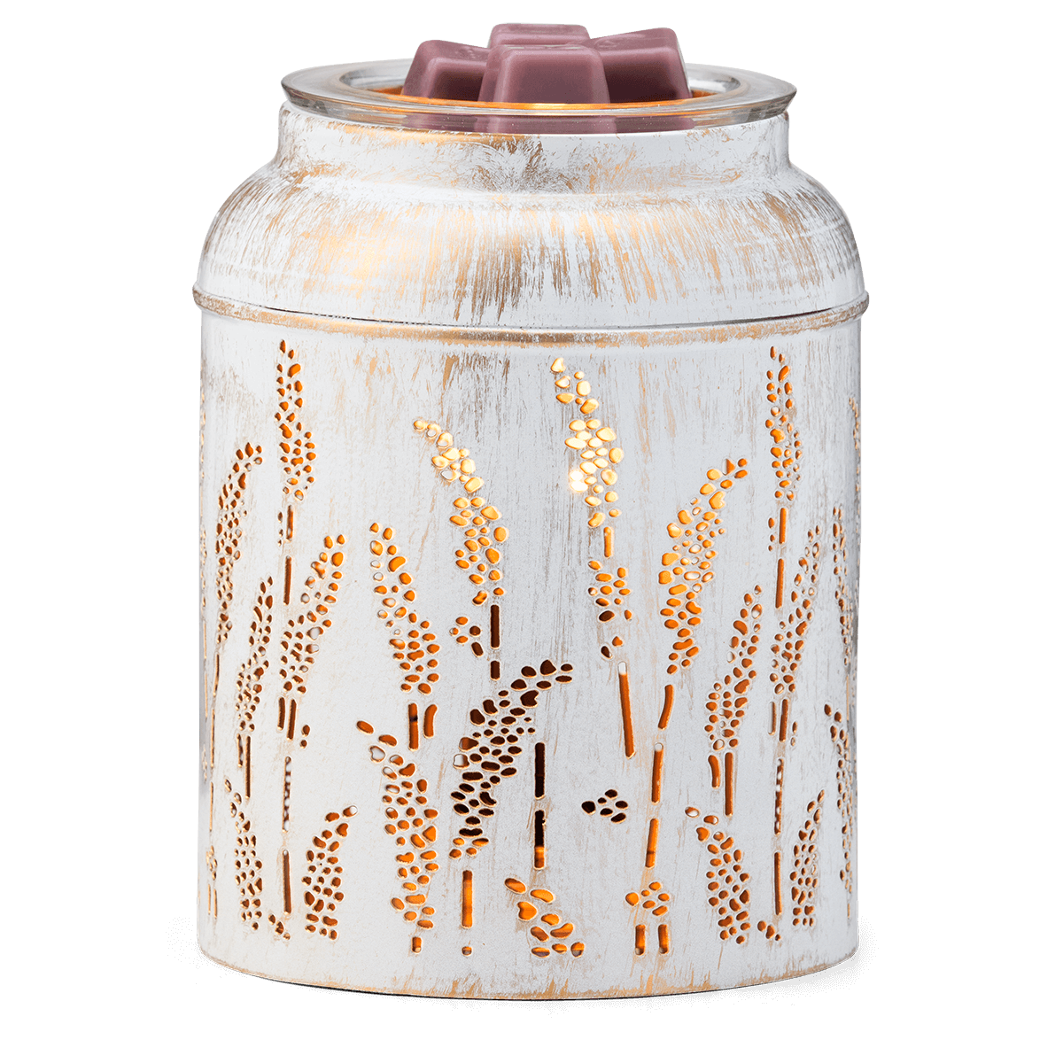 Whitewashed metal Golden Grain Scentsy Warmer glowing with wax in the dish