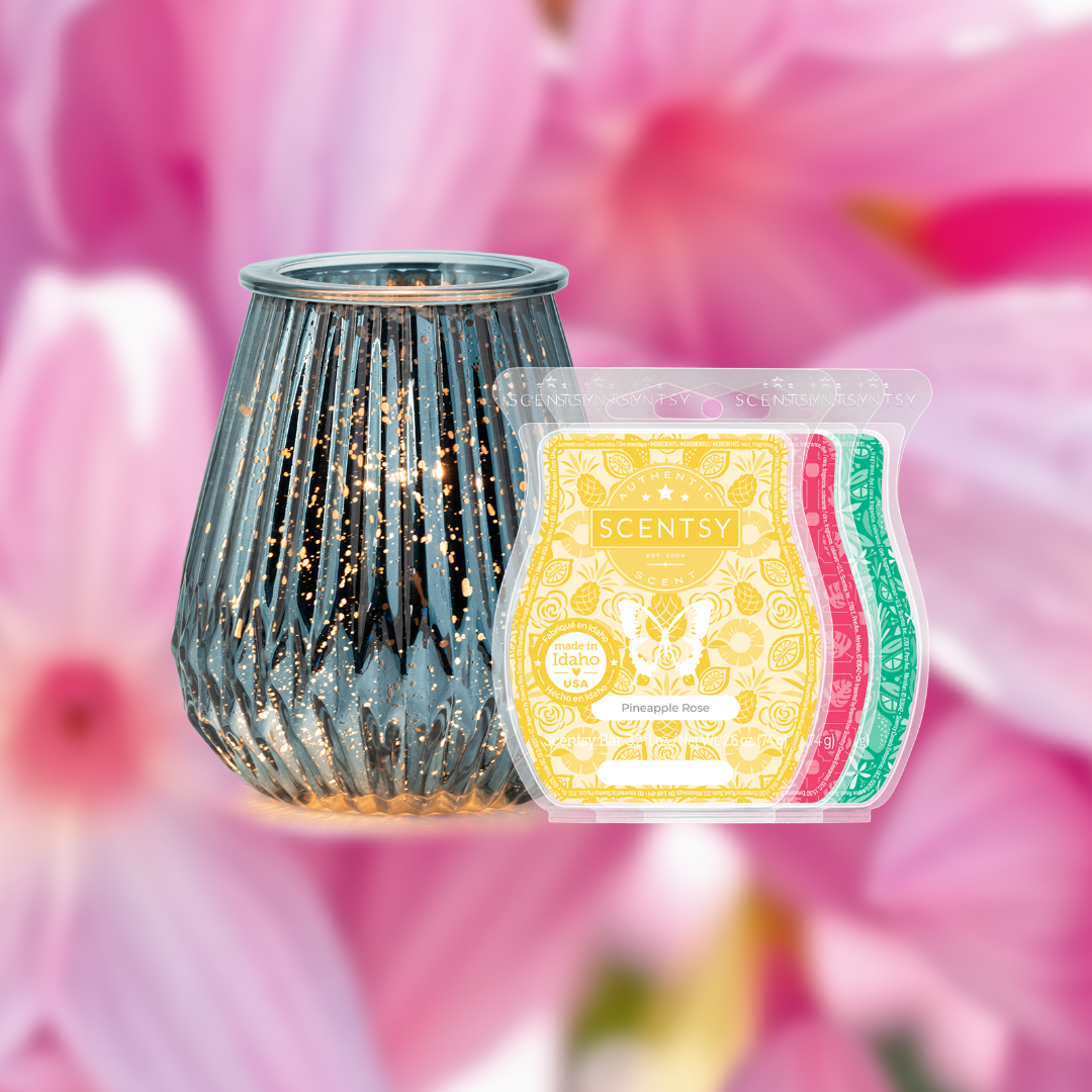Mediterranean Moonlight Scentsy Mother’s Day bundle featuring a decorative warmer with three coordinating wax bars in citrus and floral-inspired fragrances.
