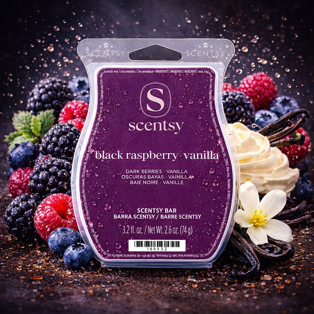 Black Raspberry Vanilla Scentsy Wax Bar styled with blackberries, raspberries and vanilla bean pods with rich water droplets on a dark textured background.