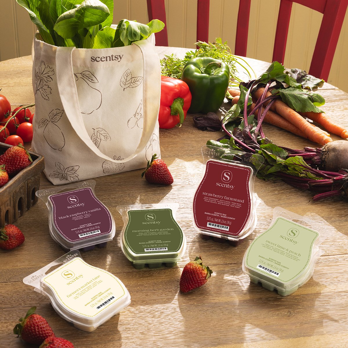 Farmers Market Scentsy Bar 5-pack displayed with a canvas tote and fresh produce, showcasing seasonal fragrances inspired by a local market.