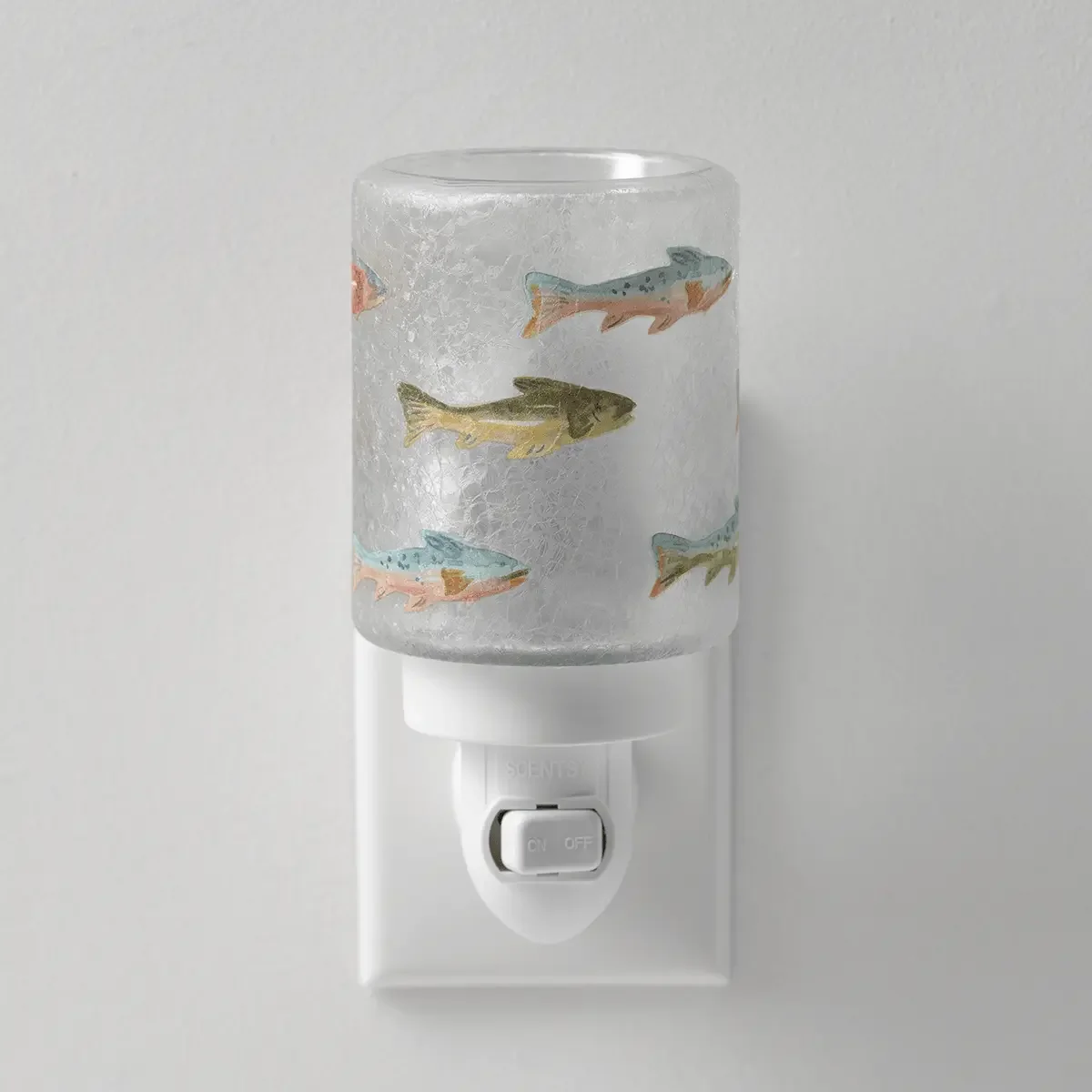 Silverfin Scentsy Mini Warmer featuring hand-illustrated colourful fish on textured glass