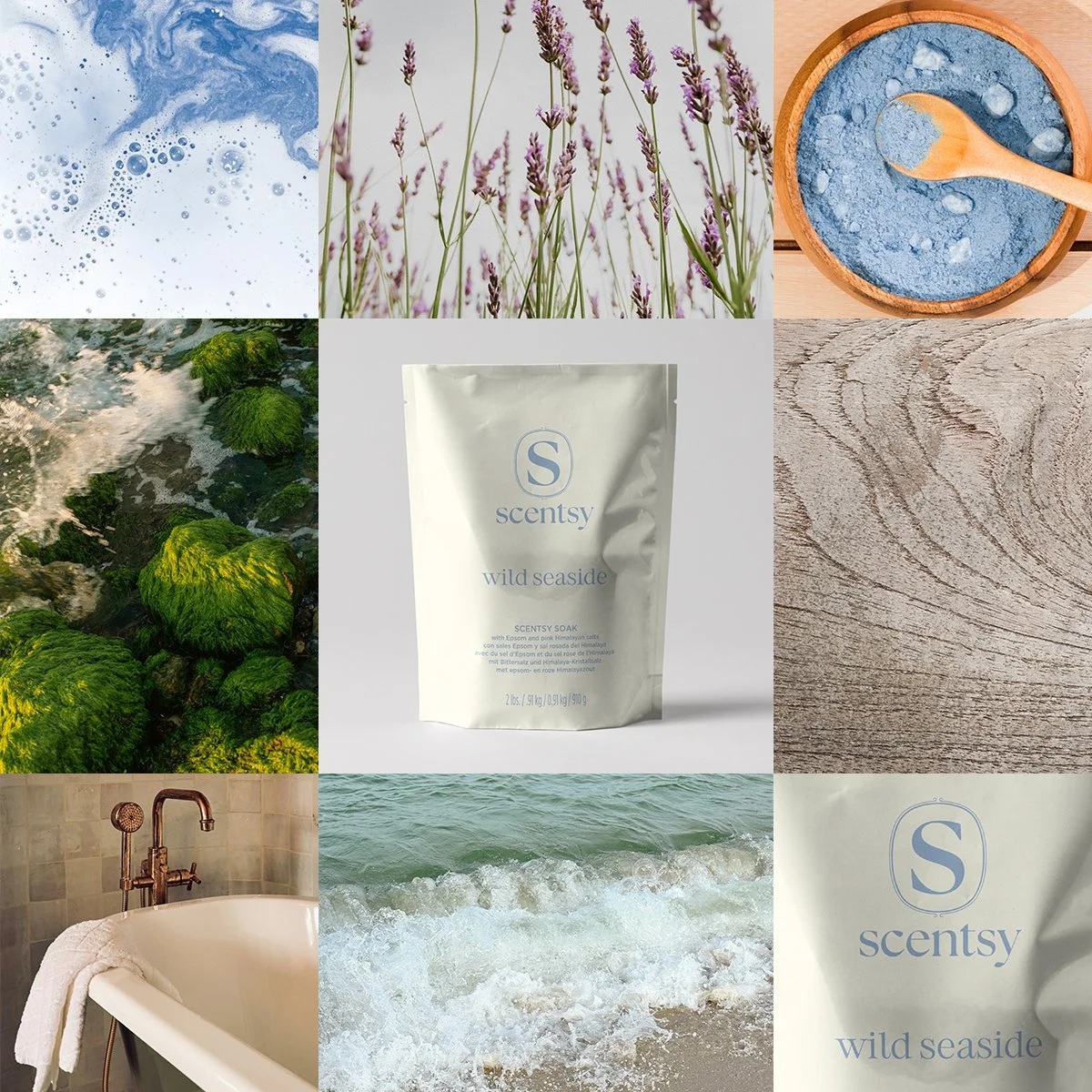 Scentsy Soak Wild Seaside fragrance inspiration with ocean water, lavender and driftwood tones