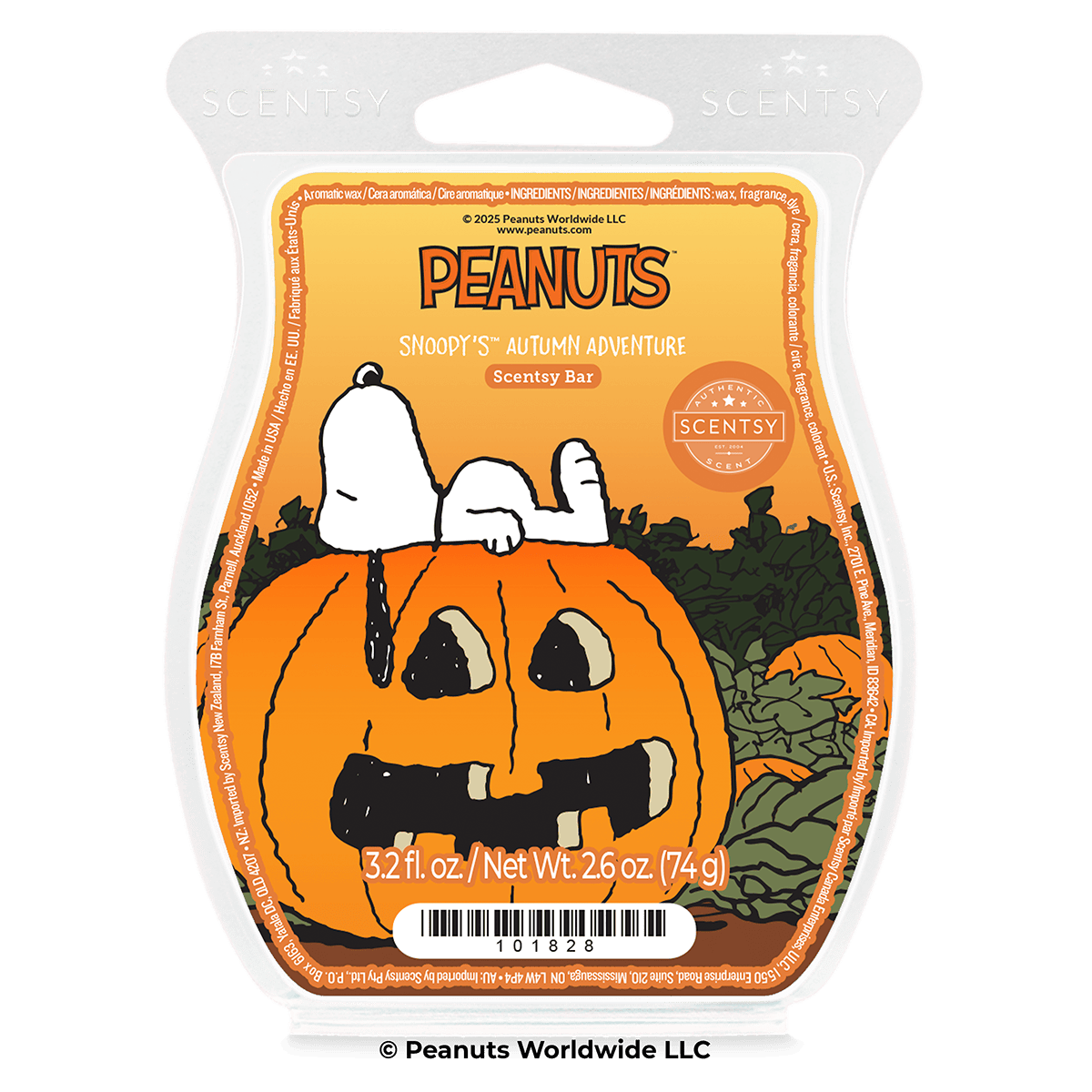 Snoopy’s Autumn Adventure Scentsy Wax Bar featuring Snoopy resting on a pumpkin