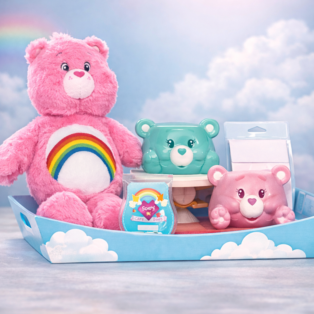 Scentsy Care Bears collection showcased in a box with a sunny background