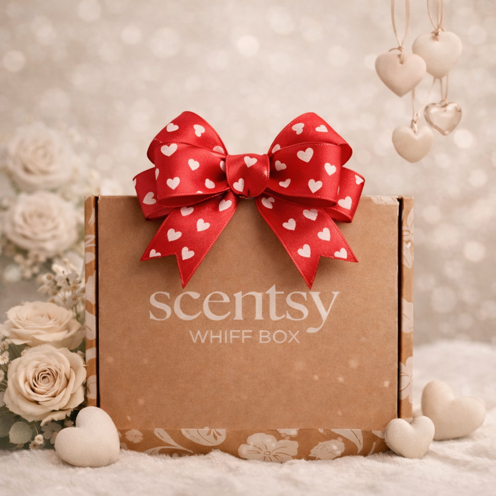 Scentsy Whiff Box styled for Valentine’s Day with a red heart bow, neutral florals, and soft cream accents in an upscale boutique setting