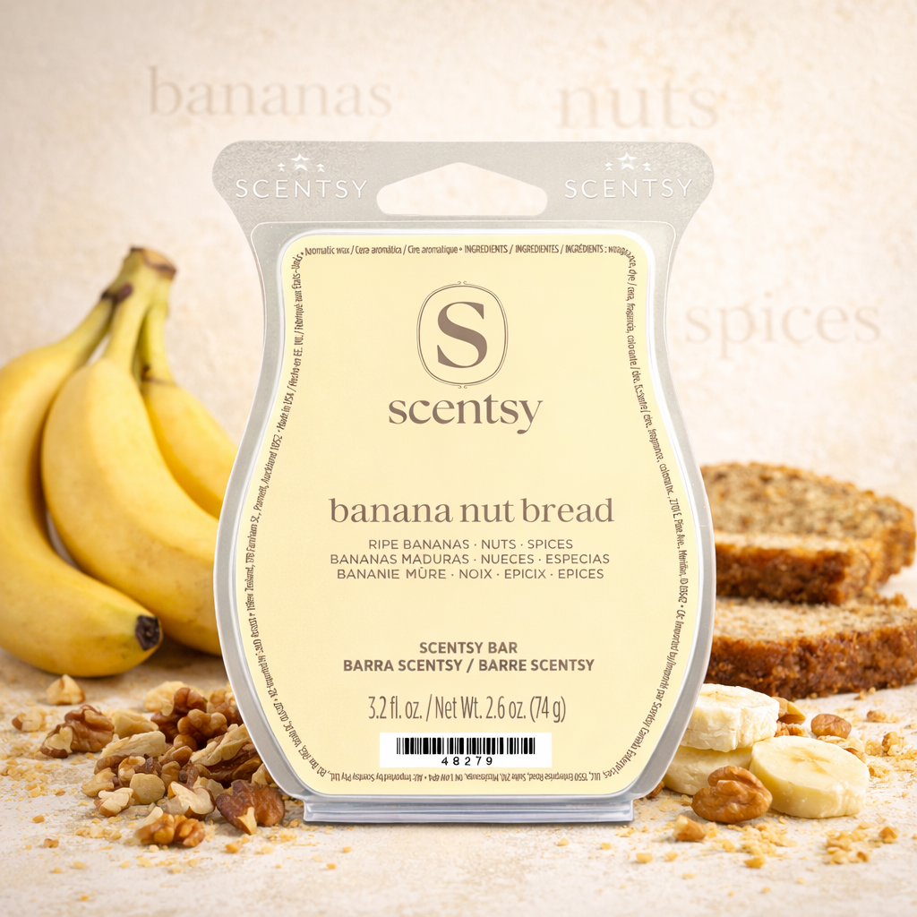 Banana Nut Bread Scentsy wax bar styled in a boutique square image with ripe bananas, sliced banana bread and chopped nuts on a soft neutral background.