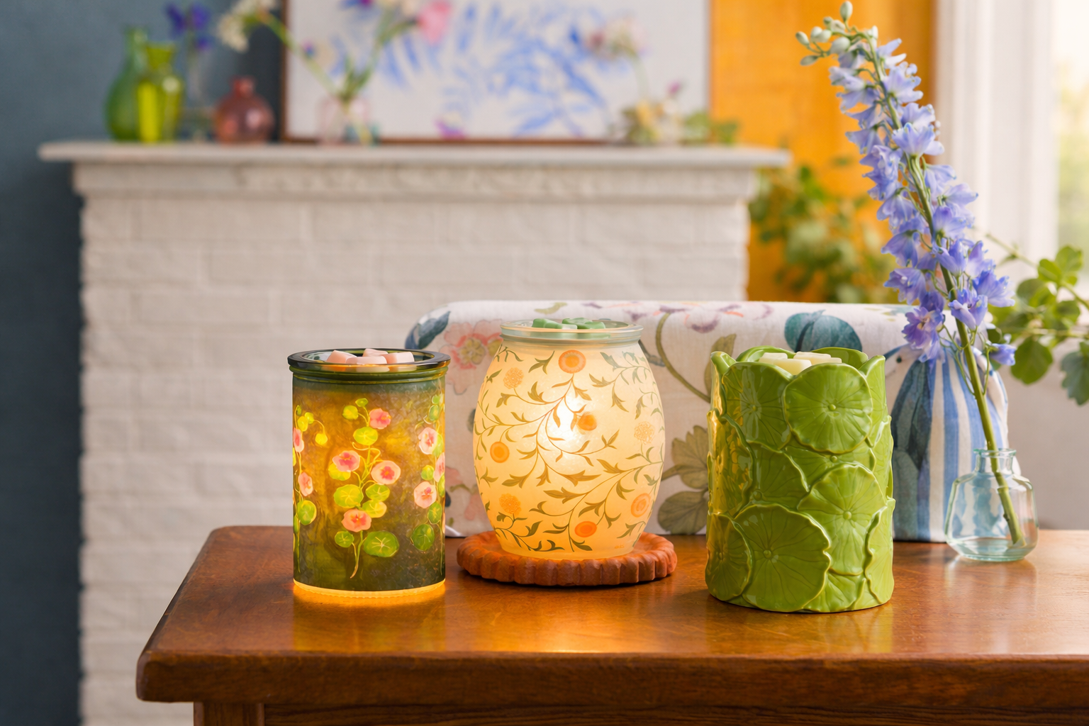Three Scentsy warmers from The March Edit Garden Collection displayed on a wooden table, featuring botanical designs and soft glowing light.