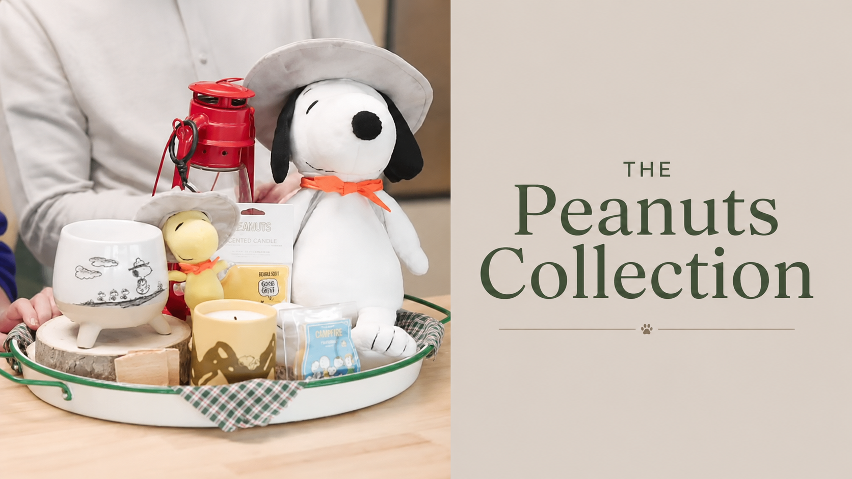 Peanuts Collection hero banner featuring Snoopy and Woodstock plush characters alongside Peanuts-themed Scentsy products, including a warmer, candle, wax bar, and lantern display. The right side features a neutral background with the title "The Peanu