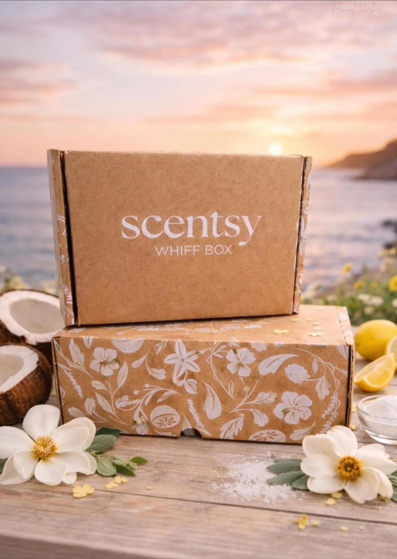 Scentsy March 2026 Whiff Box styled with tropical coconut, lemon and spring florals at sunset
