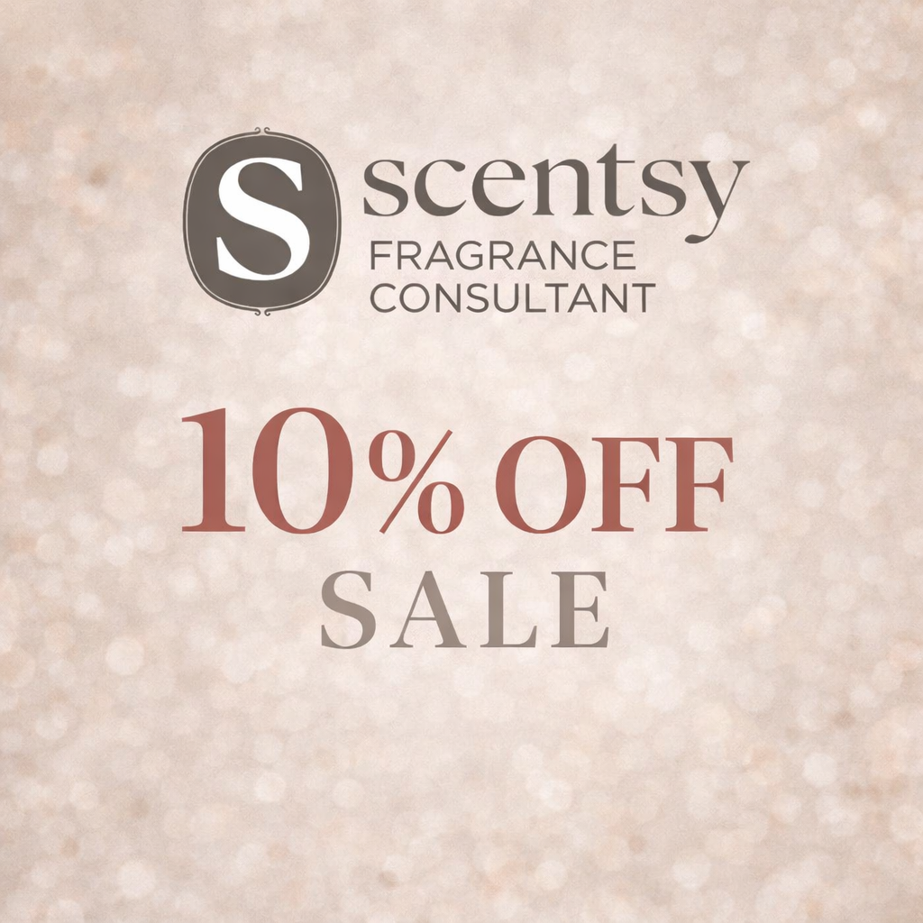 Scentsy 10% off sale graphic with neutral boutique background and Scentsy Fragrance Consultant logo