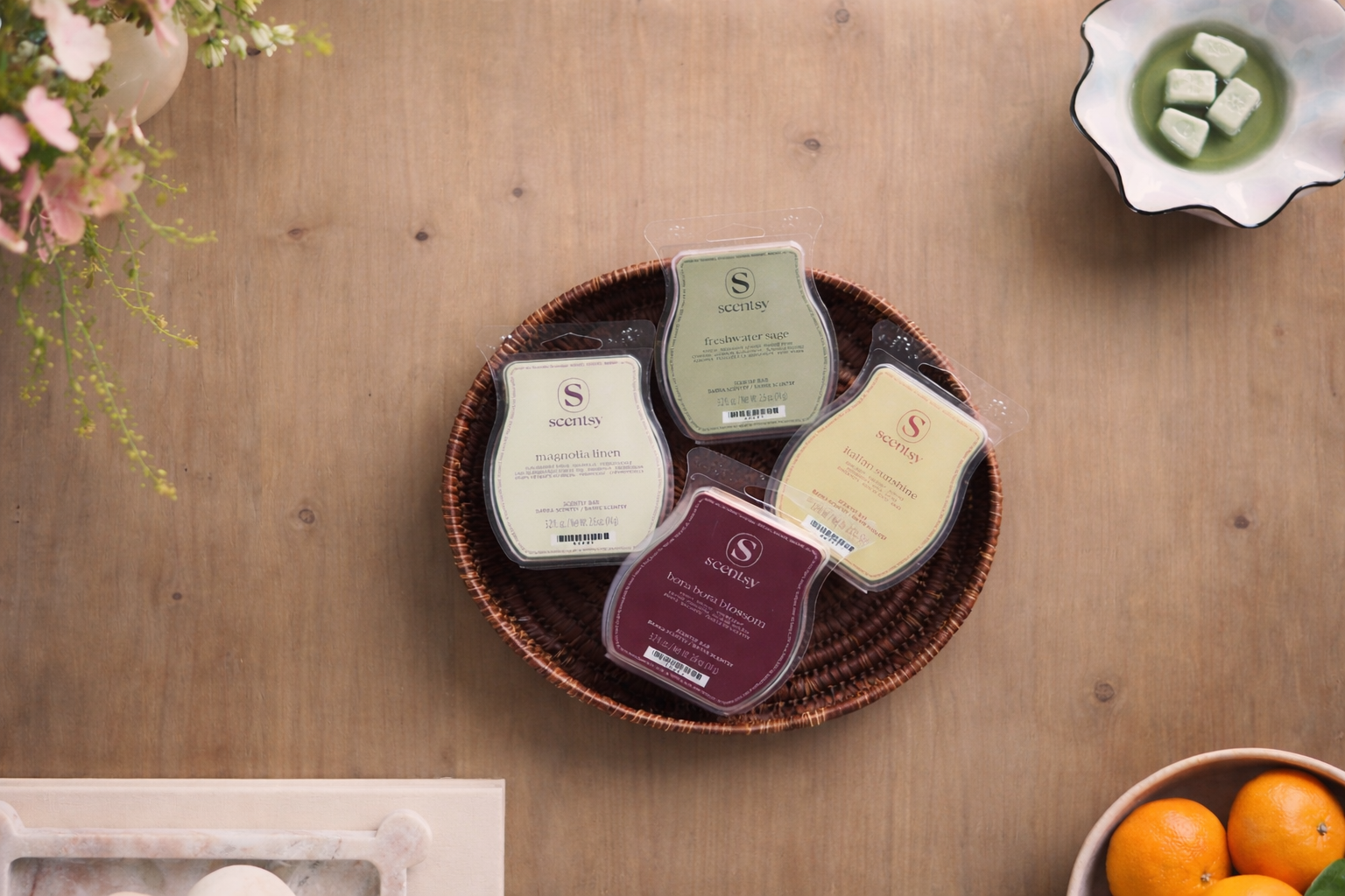 new scents wax bars for 2026 in a wicker bowl styled on a table with modern decor