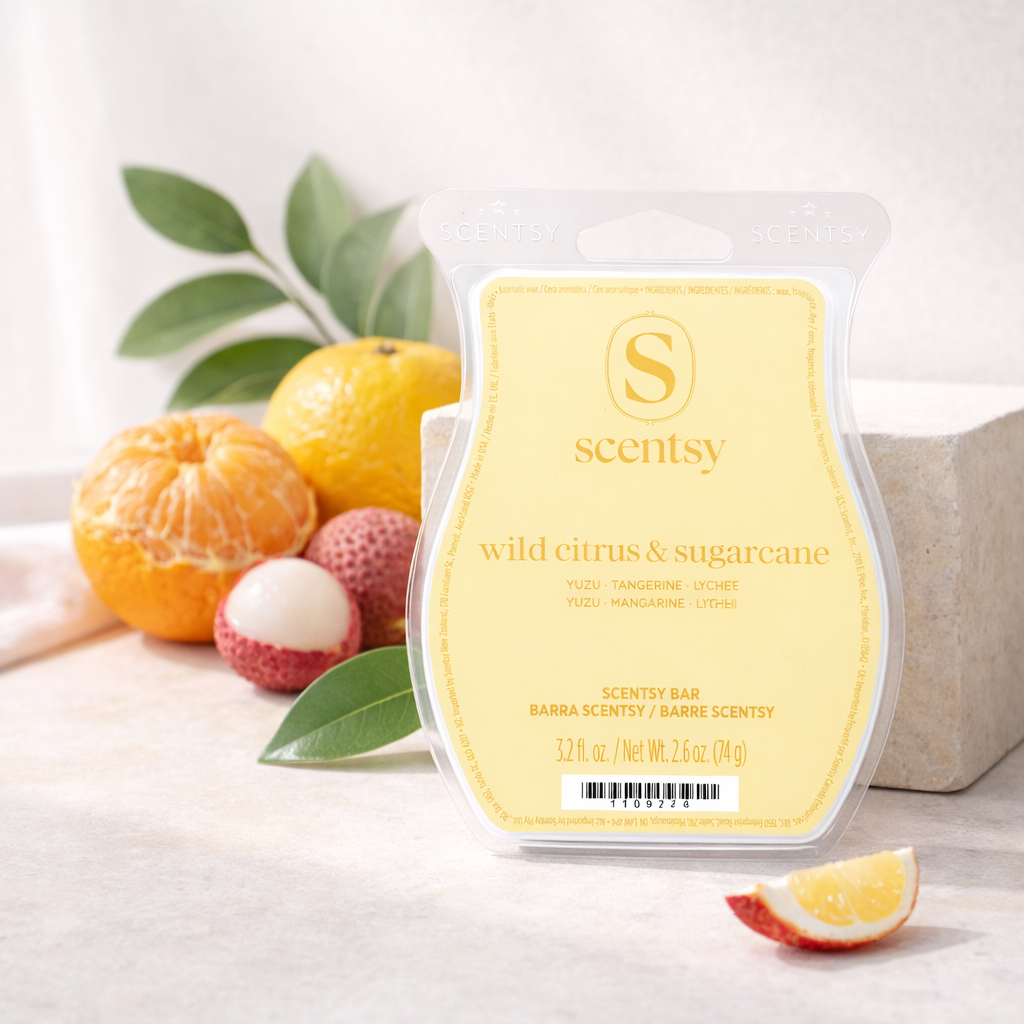 Wild Citrus & Sugarcane Scentsy Bar styled with yuzu, tangerine and lychee on a bright ivory stone surface in soft natural light
