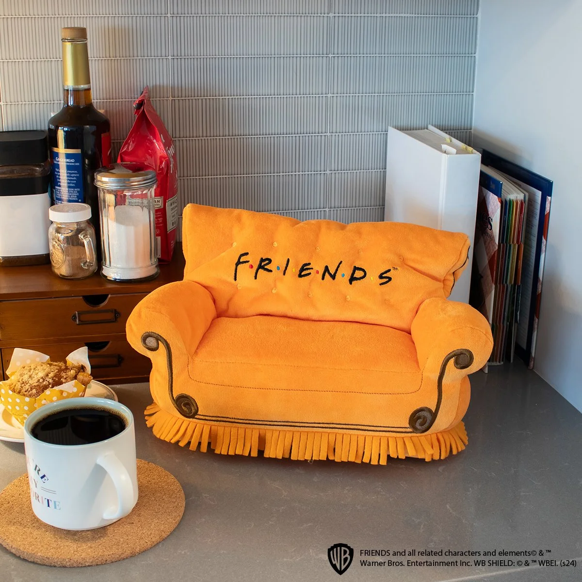 Friends Central Perk Couch Scentsy buddy styled in real life on a counter top with coffee