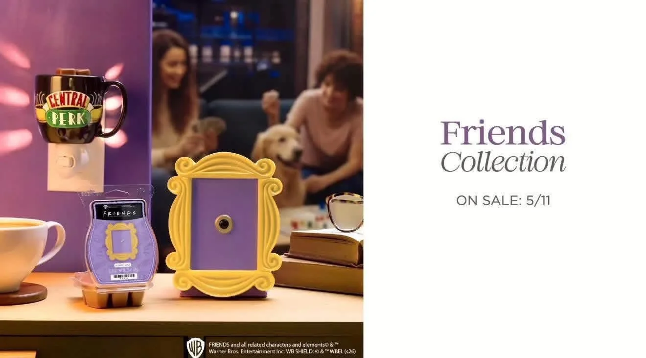 Scentsy Friends Collection featuring Central Perk mug warmer, Friends door frame warmer, and wax bar on display launching May 11